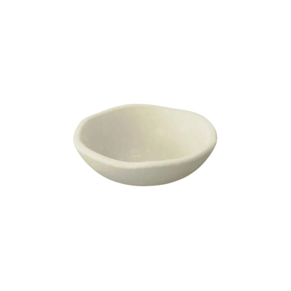 A white bowl with a cream crackle design on the inside on a white background.