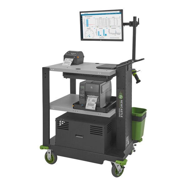 A Newcastle Systems black heavy-duty powered mobile work station with a computer and printer on it.