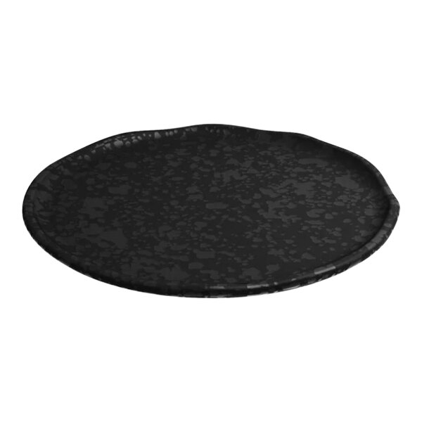 A Dalebrook black crackle melamine plate with a black rim and speckled surface.