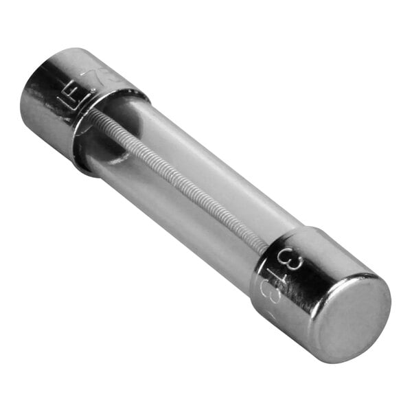 A close-up of a silver metal AccuTemp slow-blo fuse with a glass tube and metal caps.
