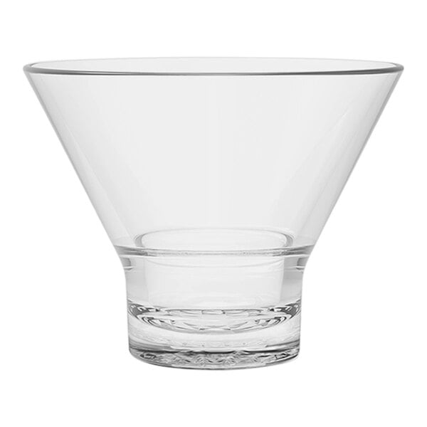 A clear Tossware plastic stemless martini glass with a clear cone-shaped bottom and clear rim.