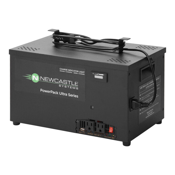 A Newcastle Systems black rectangular PowerPack Ultra power system with plugs.