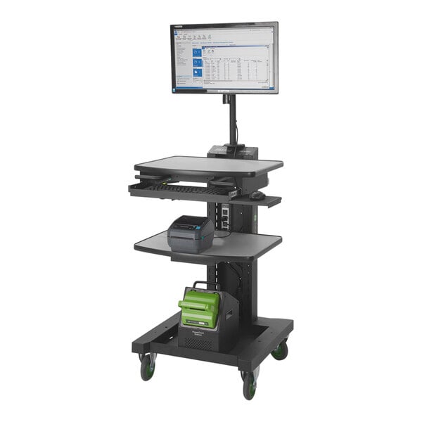 Newcastle Systems NB104NU NB Series 26" x 24" x 43" Black Adjustable Height Sit / Stand Solo Mobile Work Station Power Strip, Cord Holder, and Waste Basket