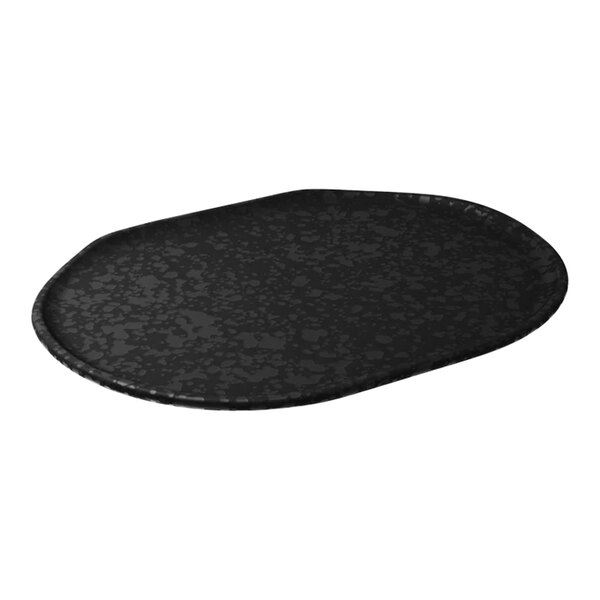 A Dalebrook black oval melamine platter with a black and white speckled surface.