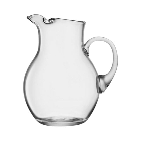 A Luigi Bormioli clear glass pitcher with a handle.