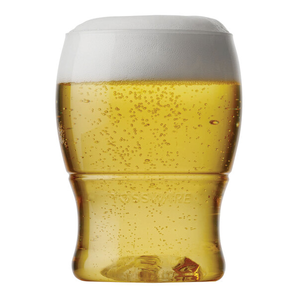 A Tossware mini plastic pint glass filled with beer and foam.