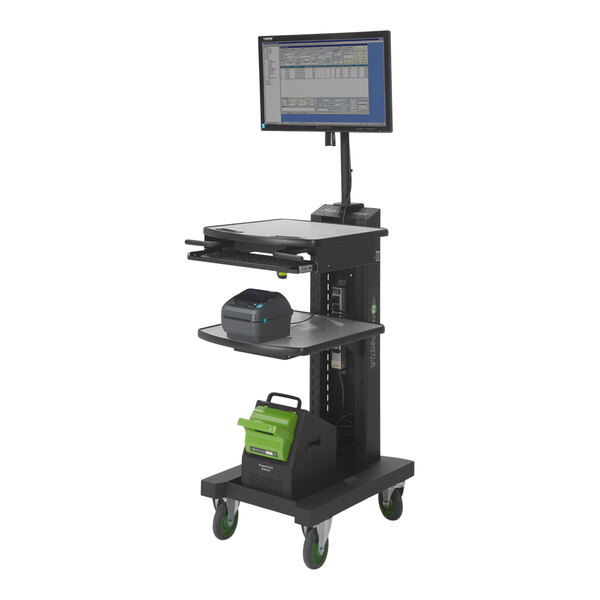 Newcastle Systems NB104NU-S NB Series 26" x 18" x 43" Black Adjustable Height Sit / Stand Solo Slim Mobile Work Station with Power Strip, Cord Holder, and Waste Basket
