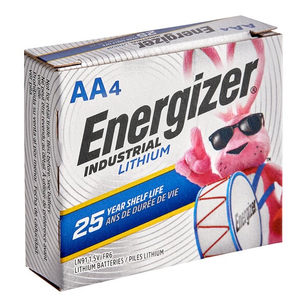 A white box of 4 Energizer AA lithium batteries with a cartoon animal on it.