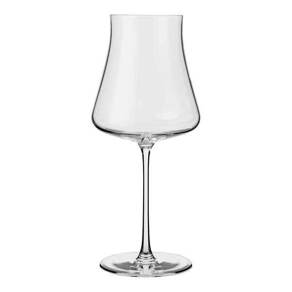 A close-up of a clear Reserve by Libbey Virtuoso wine glass with a stem.