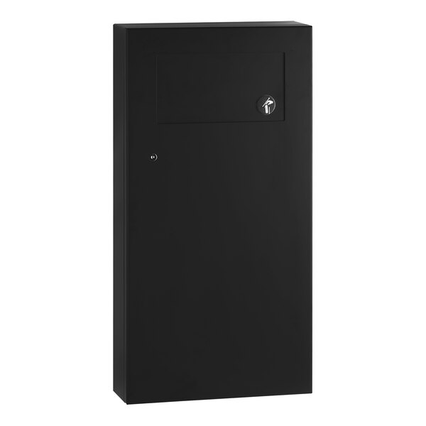 A black Bobrick TrimLineSeries waste receptacle with a door.