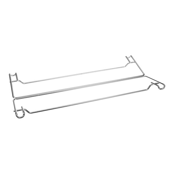 A stainless steel wire rack with hooks on the bottom and handles on the sides.