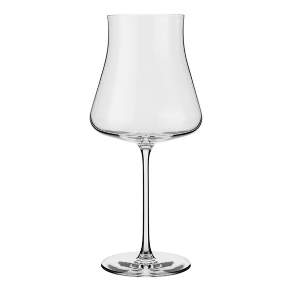 A close-up of a clear Reserve by Libbey Virtuoso wine glass with a stem.