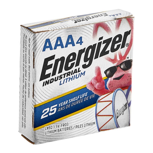 A white box of Energizer AAA lithium batteries with a pink bunny on it.