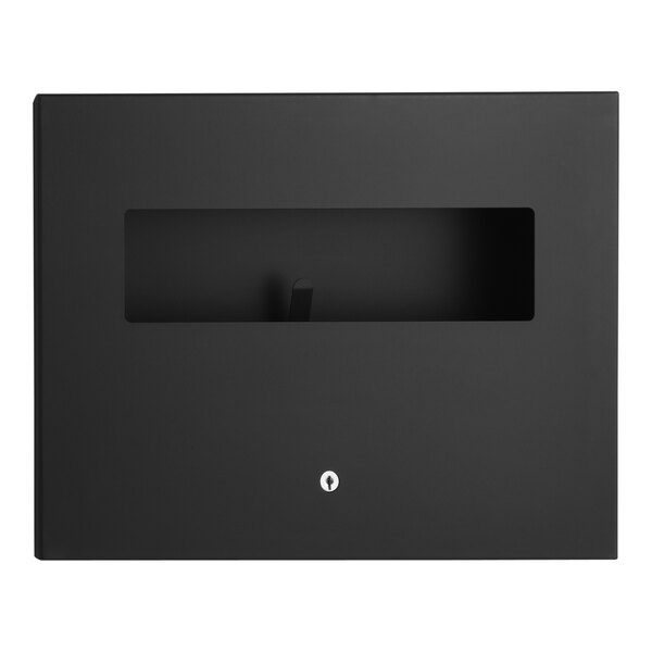 A black wall-mounted Bobrick TrimLineSeries recessed toilet seat cover dispenser.