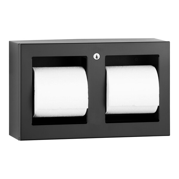 A black Bobrick TrimLineSeries double toilet paper dispenser holding two rolls of toilet paper.