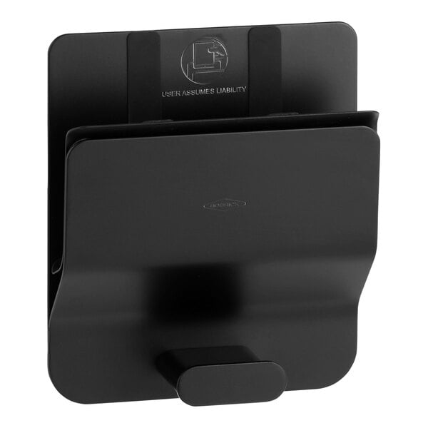 A rectangular black stainless steel mobile device holder with a clip and the Bobrick logo.