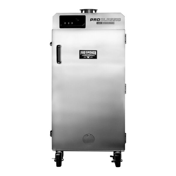 A stainless steel Pro Classic Electric Smokehouse on wheels.