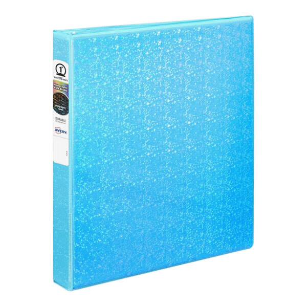 An Avery aqua holographic binder with white label on the spine.