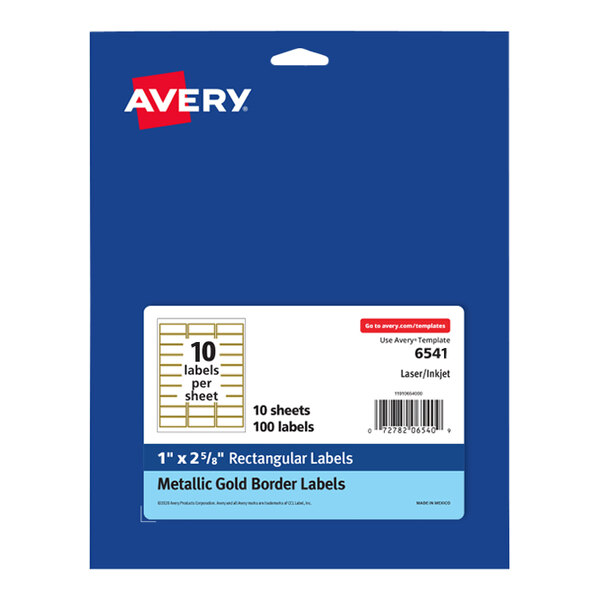 A white Avery shipping label with a metallic gold border and white text.