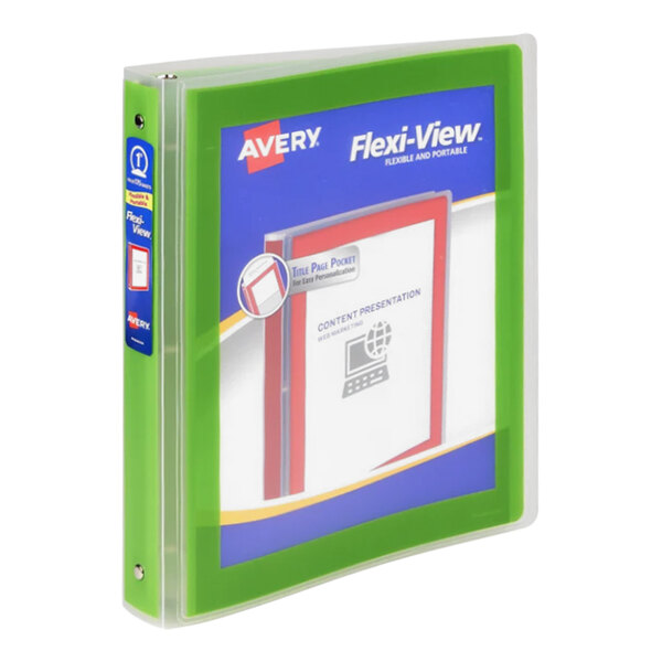 An Avery green Flexi-View binder with white and blue labels.