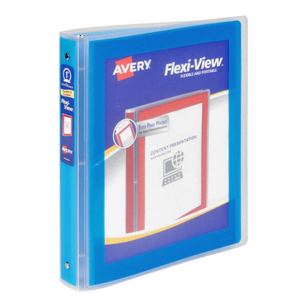 A blue Avery Flexi-View binder with a white and red border and design.