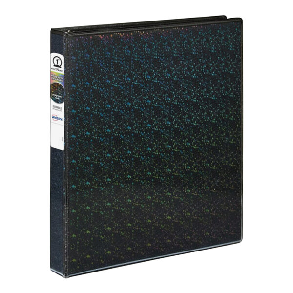 An Avery black binder with a holographic rainbow pattern.