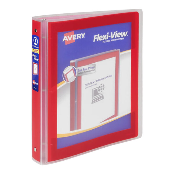An Avery red Flexi-View binder with white paper inside.