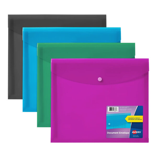 Avery multi-colored document folders with snap lock in purple, blue, and yellow on a counter.