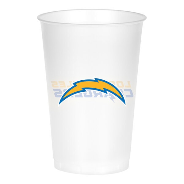 A white plastic cup with a yellow and blue Los Angeles Chargers logo.