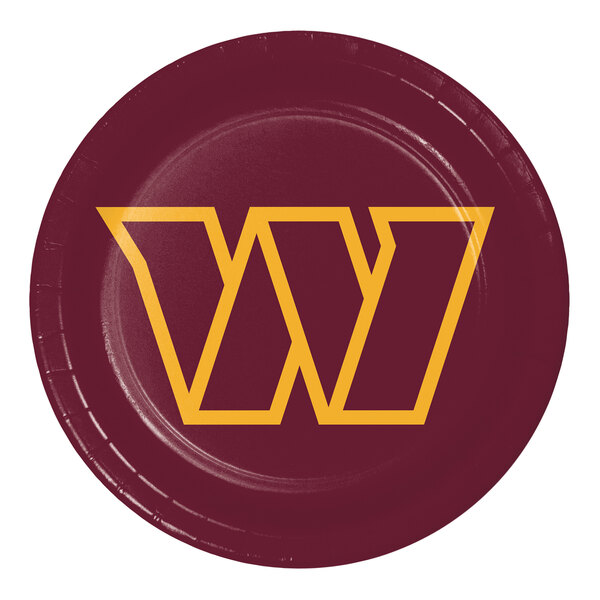 A maroon paper dinner plate with a red and yellow "W" logo.