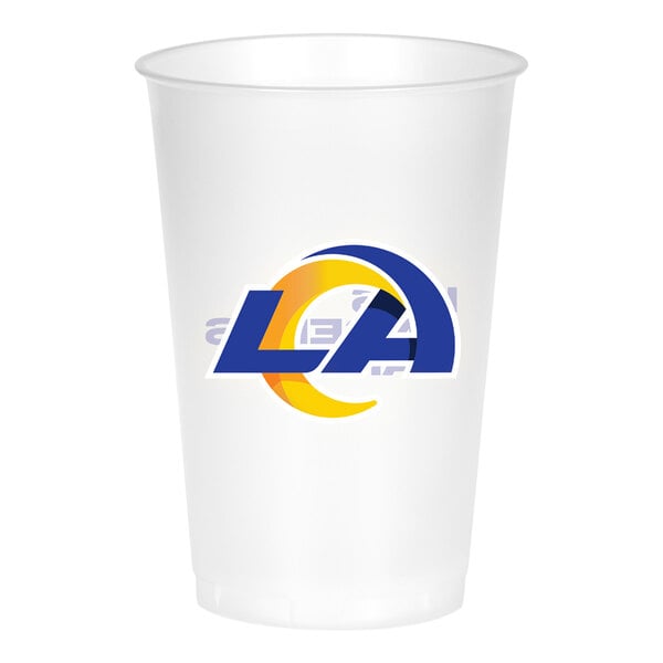 A white plastic cup with the Los Angeles Rams logo on it.