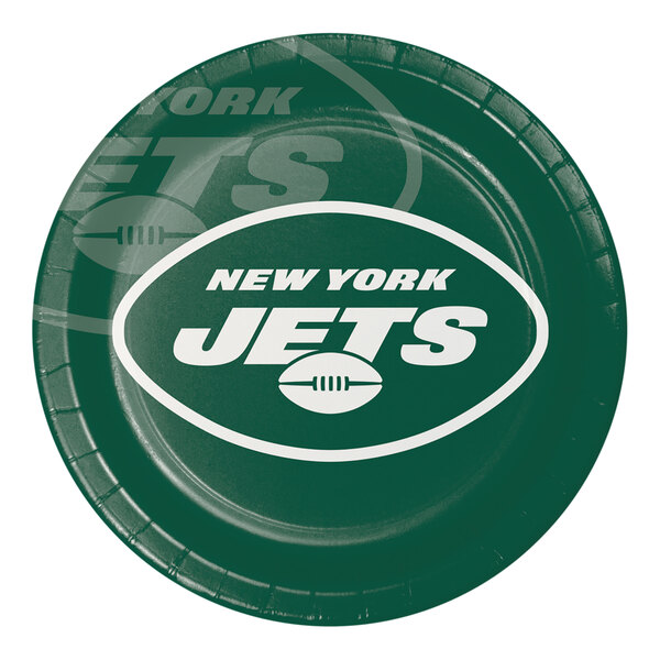 A green paper dinner plate with the New York Jets logo in white.