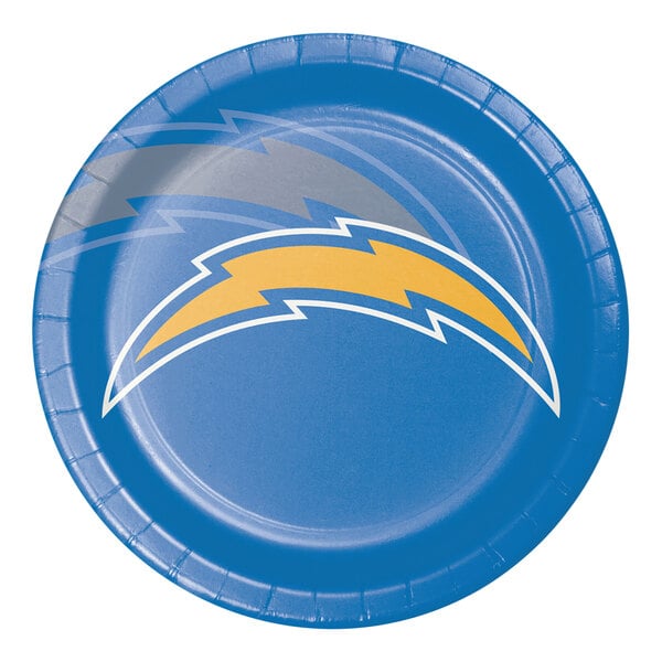A blue paper dinner plate with the Los Angeles Chargers logo, a blue lightning bolt and yellow accents.
