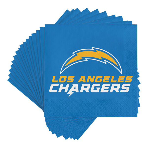 A stack of blue Creative Converting Los Angeles Chargers luncheon napkins with a yellow and blue logo.