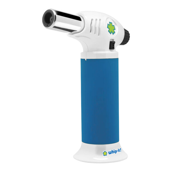 A blue and white Whip-It Ion butane torch with a blue handle.