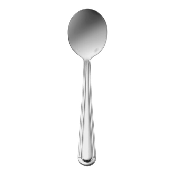 A close-up of a Sant' Andrea Verdi round bowl soup spoon with a silver handle on a white background.