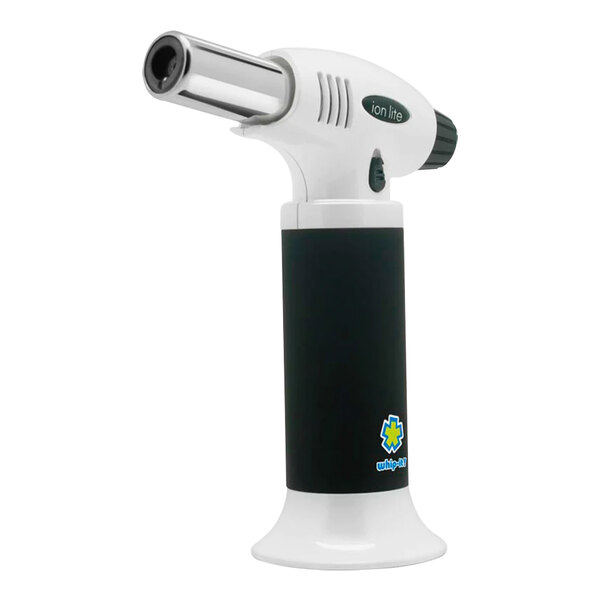A black and white Whip-It Ion Lite butane torch with a black handle.
