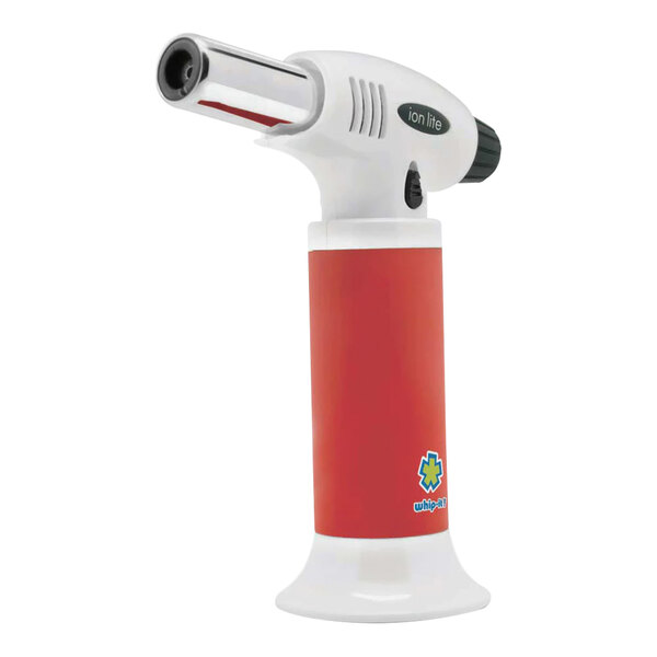 A red and white Whip-It Ion Lite butane torch with a black handle.