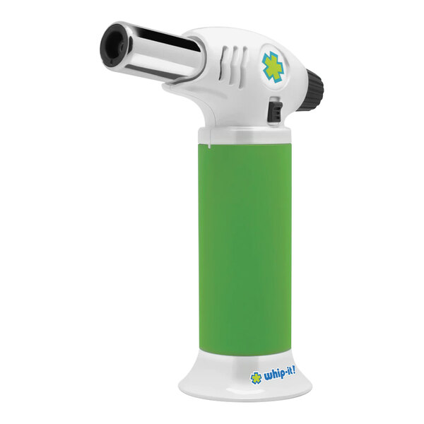A green and white Whip-It Ion butane torch with a green handle.