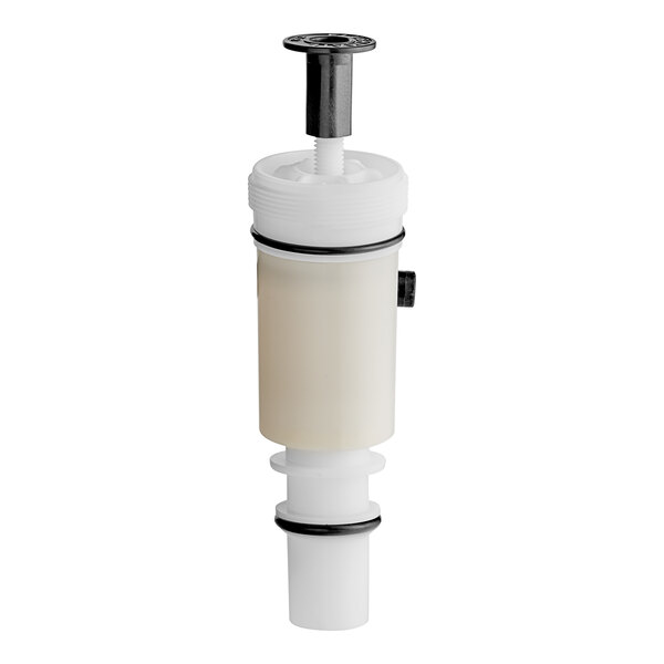A white plastic cylinder with a black handle and white and black pieces inside.