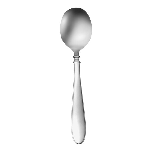 A Sant' Andrea Corelli stainless steel soup spoon with a round bowl on a white background.