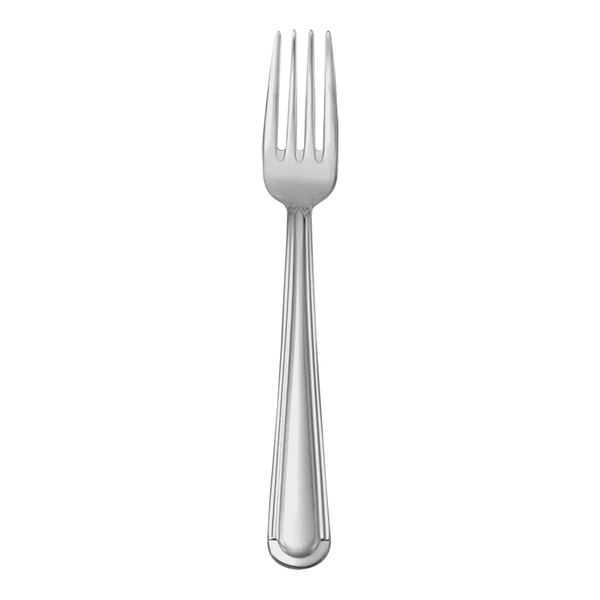 A silver fork with a black tip.