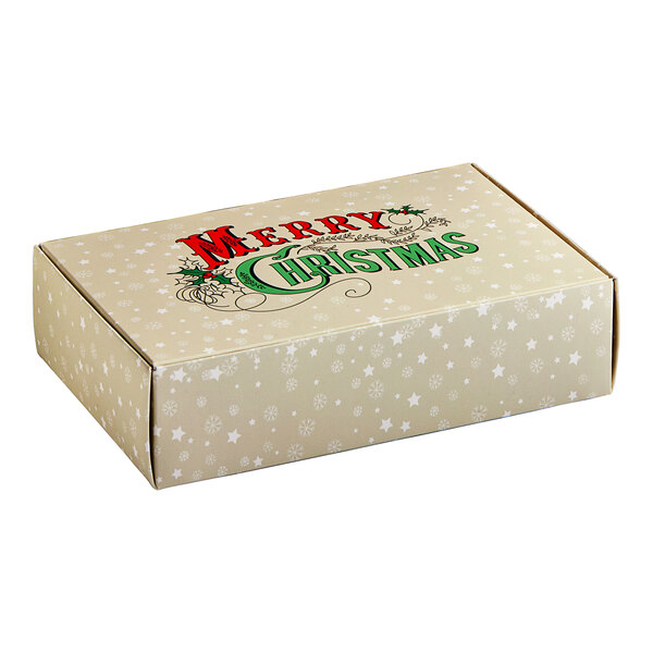 A white candy box with green and white Merry Christmas text.