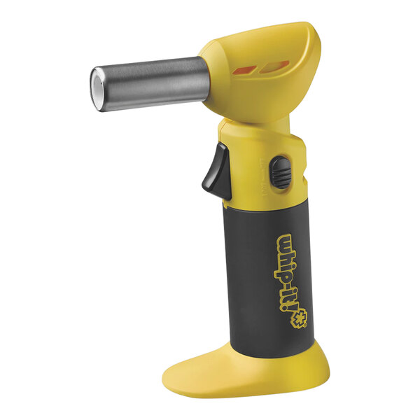 A yellow and black Whip-It Flex butane torch with a black handle.