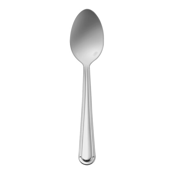 A silver spoon with a handle on a white background.