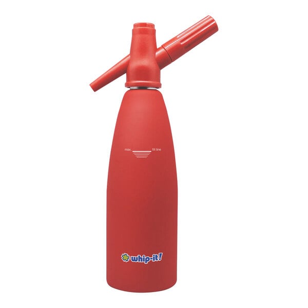 A red Whip-It soda siphon with a stainless steel nozzle.