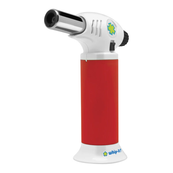 A red and white Whip-It Ion butane torch with black accents.