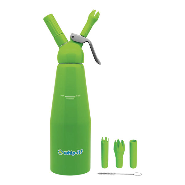 A green rubber-coated aluminum Whip-It cream whipper.