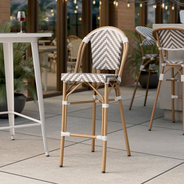 Lancaster Table & Seating Bistro Series Gray and White Chevron Weave Rattan Outdoor Side Barstool