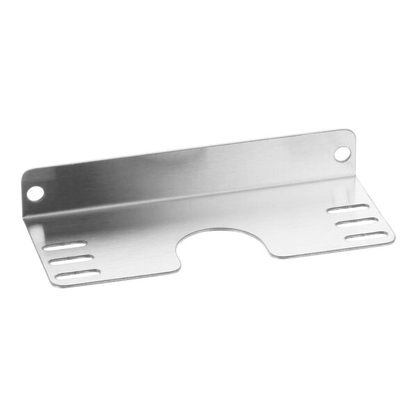 A silver stainless steel Hatco adjustable angle bracket with holes.